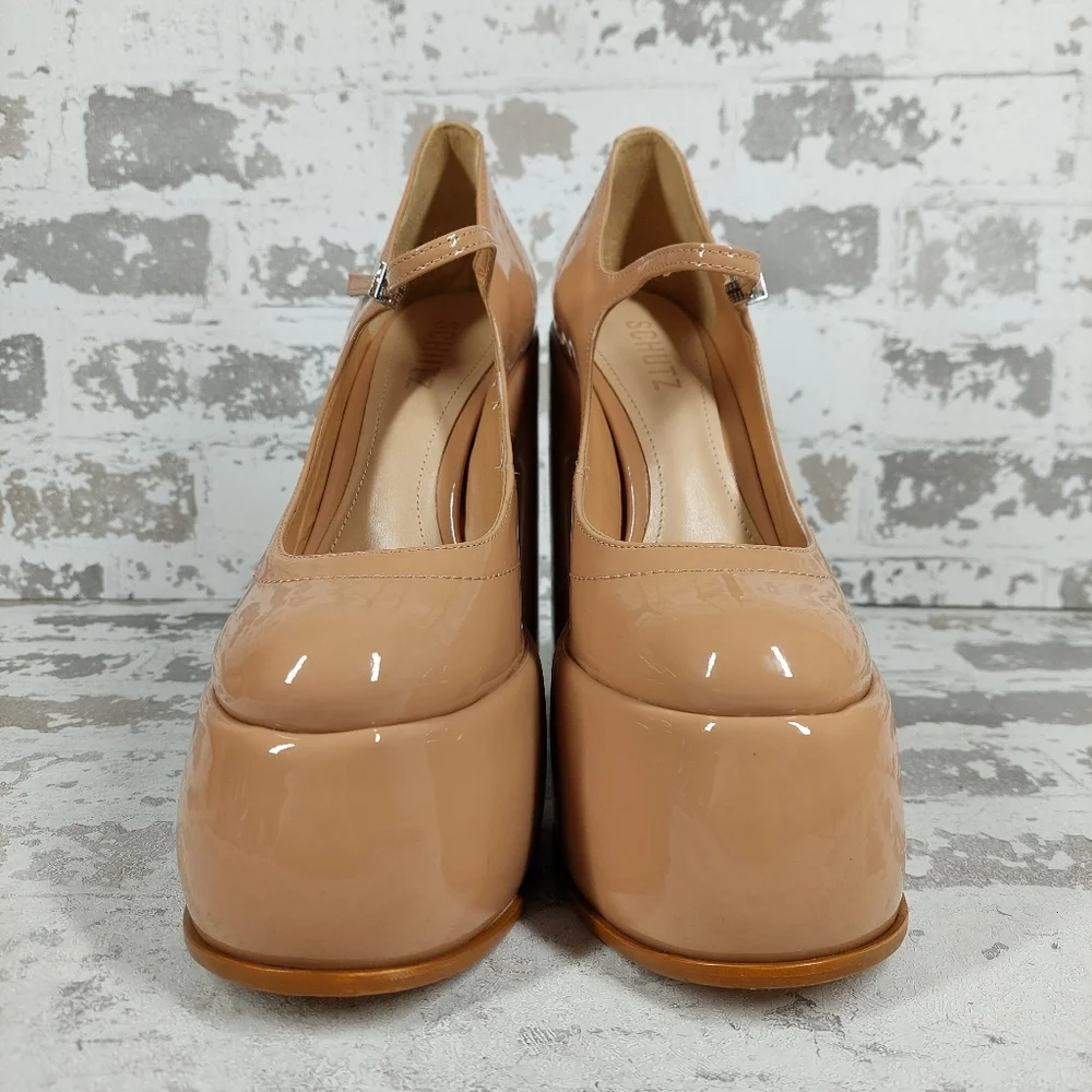 New Schutz Zayne New Pressego Tan Patent Leather Platform Mary Jane Pumps T34